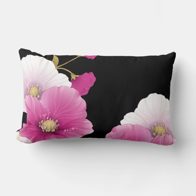 Almofada Lombar 1 Travesseiro Flores Rosa Preto DECOR SETS (Frente)