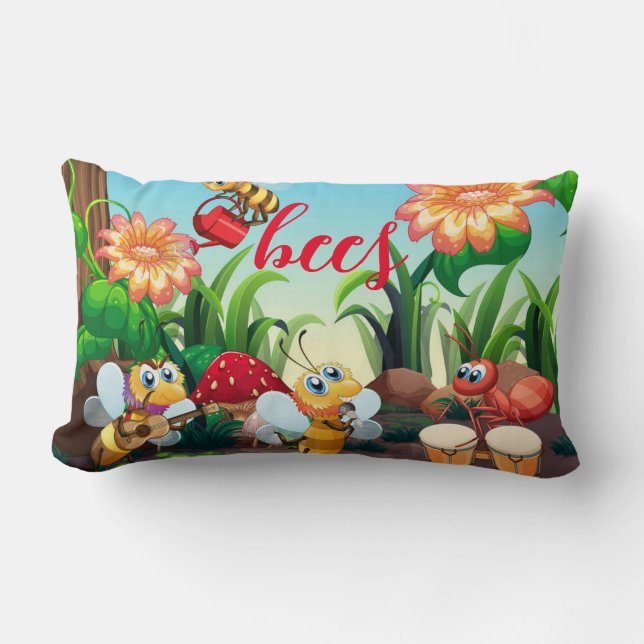 Almofada Lombar Abelhas Ocupadas no Trabalho no Jardim (Frente)