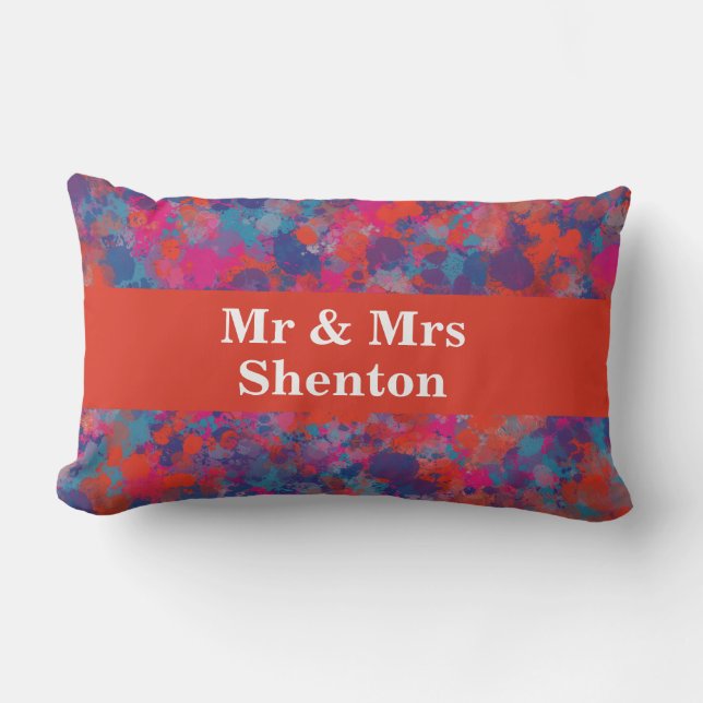 Almofada Lombar Abstrato de Largas Vermelhas, Azuis e Rosa (Frente)