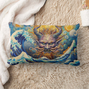 Almofada Lombar Abstrato Kanagawa onda Oni demon Van Gogh mix