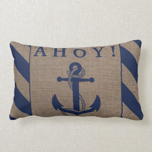 Almofada Lombar Ahoy! Marinho de Âncora Náutica - Tiras Azuis e Bu