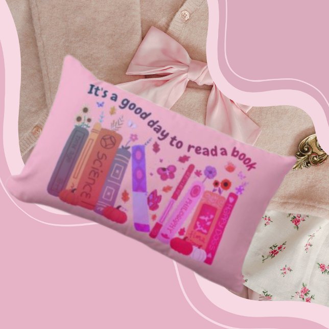 Almofada Lombar Amantes de livros livrescos, Abóbora Laranja & Fol (Bookish book Lovers Lumbar Pillow light pink color, cute orange pumpkin, fall/autumn, Its A Good Day)