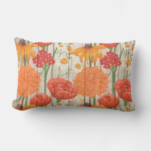 Almofada Lombar Amarelo Vermelho Laranja Floral Branco em Madeira