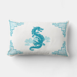 Almofada Lombar Aqua Blue Chinoiserie Dragão e Nuvens
