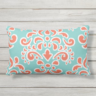 Almofada Lombar Aqua floral e coral do damasco de Ikat