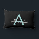 Almofada Lombar Aqua Teal Blue Script Girly Monographic Name<br><div class="desc">Aqua Teal Blue e Black Monograma Adicionam seu próprio nome Travesseiro lombar. Isto faz o doce e perfeito aniversário de 16 anos,  casamento,  chá de panela,  aniversário,  chá de fraldas ou festa de solteira presente para alguém que ama luxo de luxo e estilos quíticos.</div>