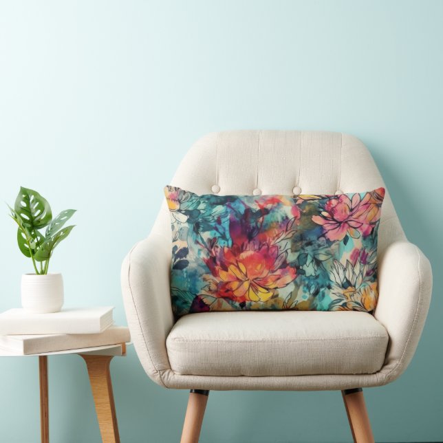 Almofada Lombar Aquarela Splash e Floral de Tinta (Cadeira)