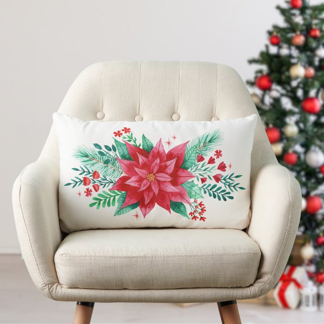 Almofada Lombar Aquarela Vermelha de Natal Flor (Watercolor Christmas Poinsettia Flower Lumbar Pillow)