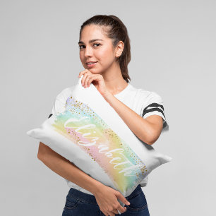 Almofada Lombar Arco-íris em Aquarela Fofo com Nome Personalizado