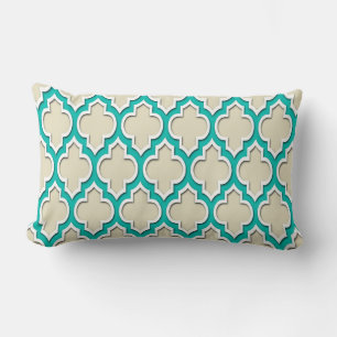 Almofada Lombar Areia Bege Azul Turquesa Branco Quatrefoil Marroqu