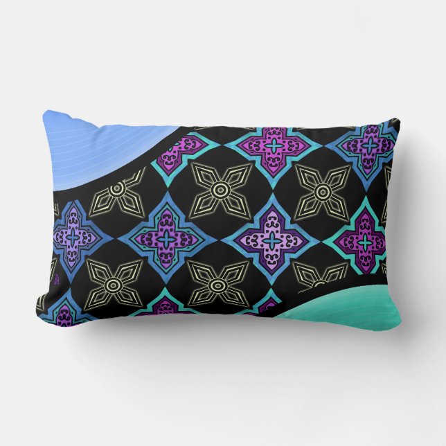 Almofada Lombar Art Deco Star Flowers Aqua Violet Blue em Preto -2 (Frente)