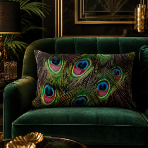 Almofada Lombar art deco verde turquesa pena de pavão