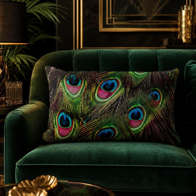 Almofada Lombar art deco verde turquesa pena de pavão (art deco teal green turquoise peacock feather lumbar pillow)