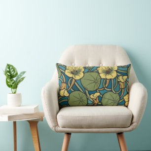Almofada Lombar Art Nouveau Nasturtium Azul Ouro floral Verneuil