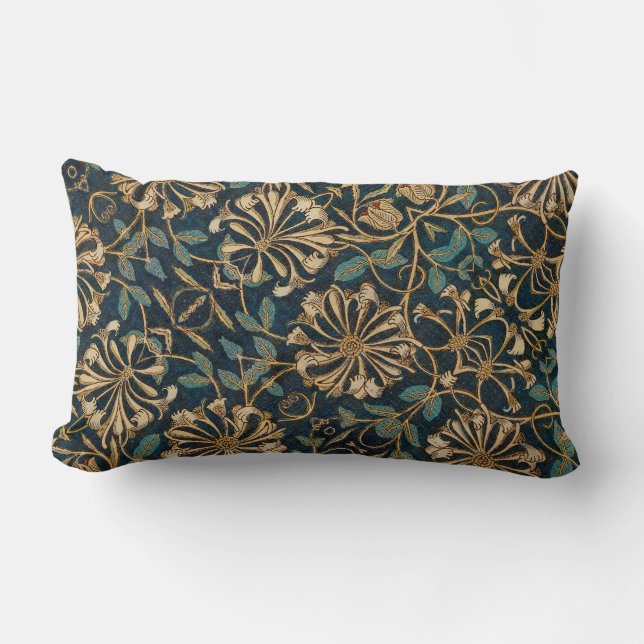 Almofada Lombar Art Nouveau Ornamentado Teal Dourado Florals (Frente)