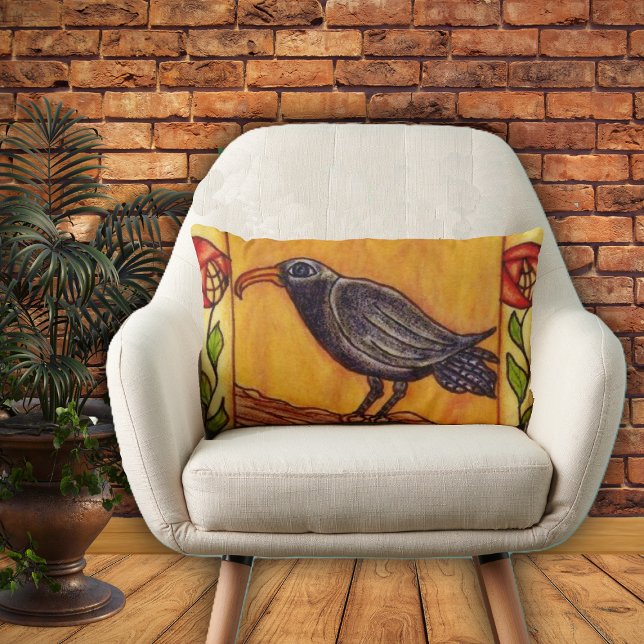 Almofada Lombar Arte Preta em Deco Rosas Arte Folclórica (Black crow red flowers on stems on golden yellow home decor pillow.)