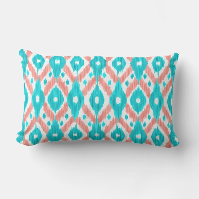 Almofada Lombar Artsy Coral Teal Abstrato Ikat Padrão Geométrico (Frente)