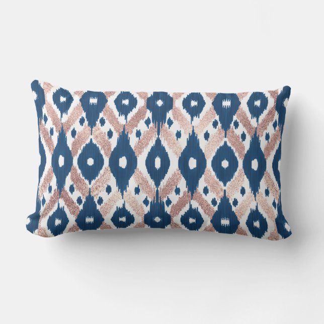 Almofada Lombar Artsy Modern Rosa Dourado Marinho Blue Ikat Geo (Frente)