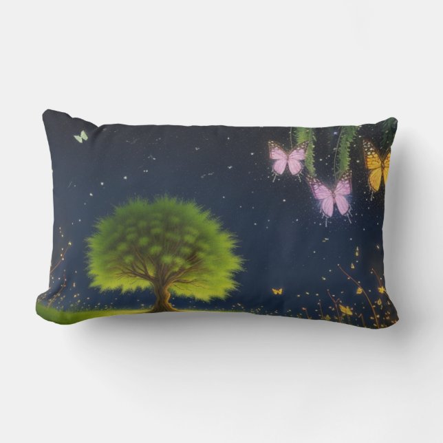 Almofada Lombar Árvore selvagem noturna com borboletas e vagalumes (Frente)