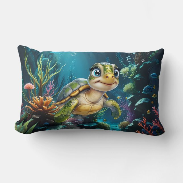 Almofada Lombar Aventuras submarinas com a tartaruga alegre. (Frente)