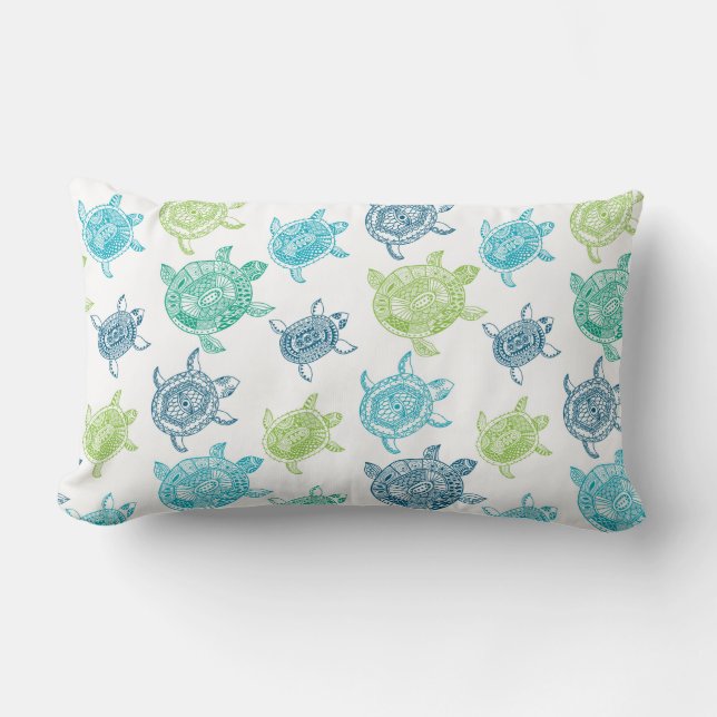 Almofada Lombar Azuis marinhos+Aqua+Verde limão+Tartarugas de mar (Frente)