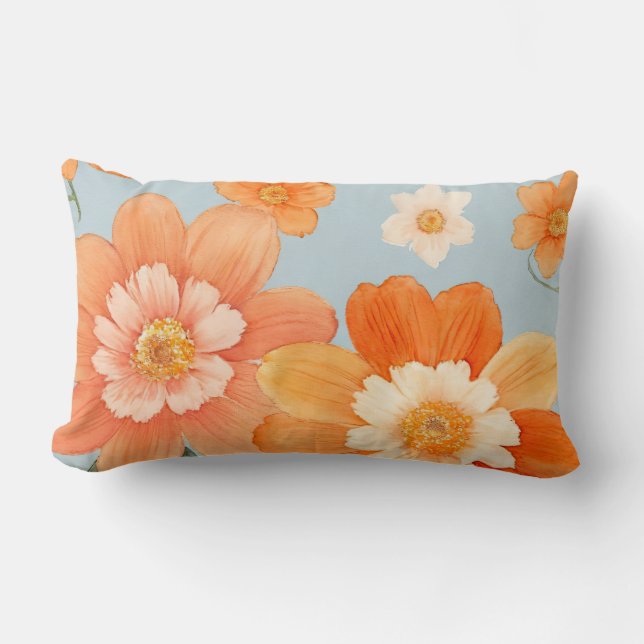 Almofada Lombar Azul-bebê e floral cor de laranja (Frente)