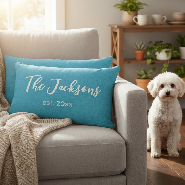 Almofada Lombar Azul e Branco Personalizados com Nome e Ano Custom (Charming family name throw pillow.)