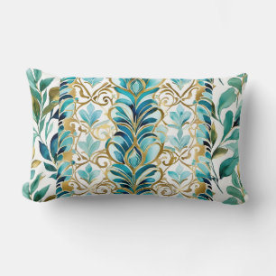 Almofada Lombar Azul e ouro. Folhas e flores, listras