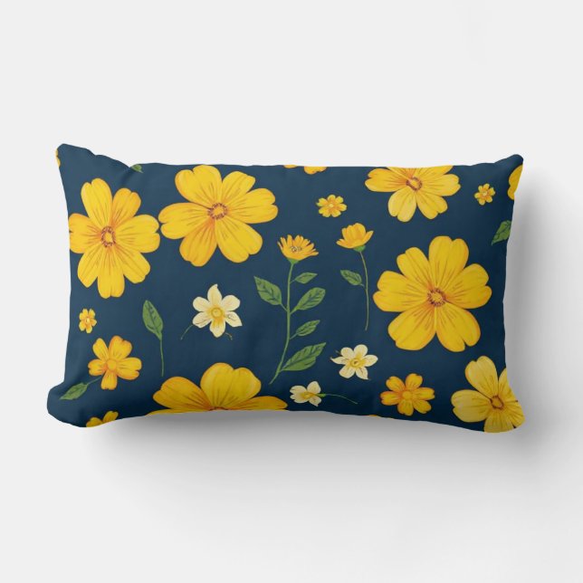 Almofada Lombar Azul Escuro Fundo Flores Amarelas (Frente)