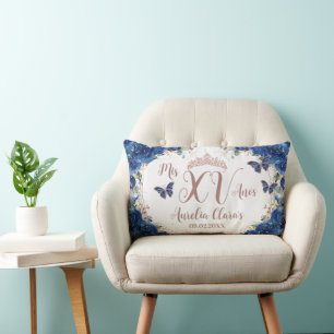 Almofada Lombar Azul Real Floral Rosa Dourada Quinceañera Joelho