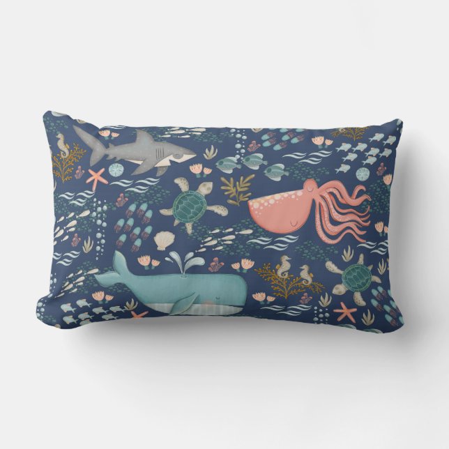 Almofada Lombar Azul Sob O Mar Aquarela Animais Do Oceano (Frente)