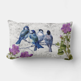 Almofada Lombar Azul Vintage Pássaros Roxo Flores Cinza Partitura