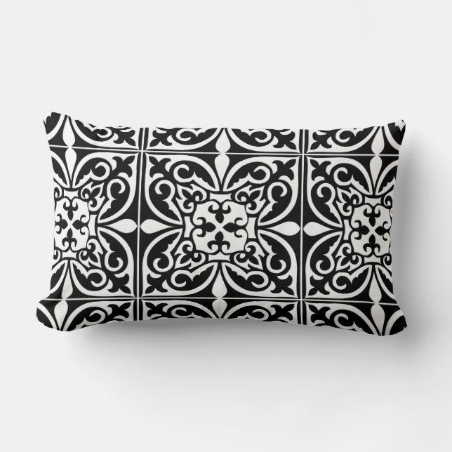 Almofada Lombar Azulejo marroquino - preto com fundo branco (Frente)