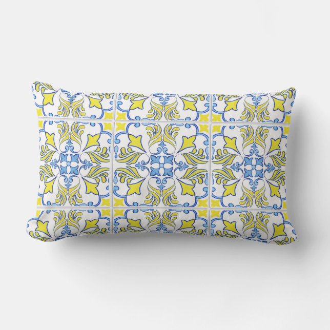 Almofada Lombar Azulejo Português - Padrão Amarelo - Azul Branco - (Frente)
