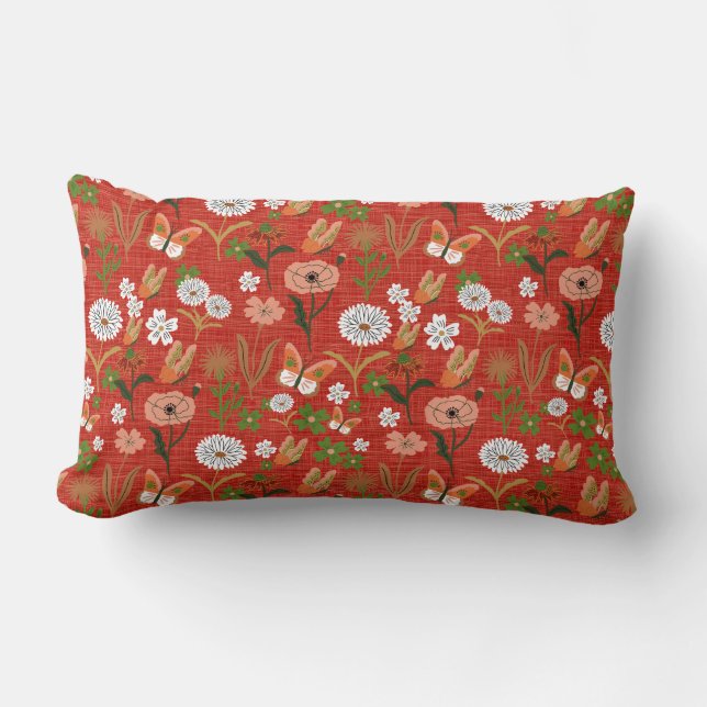 Almofada Lombar Bambu Floral Borboleta Bambus Shamrocks em Vermelh (Frente)