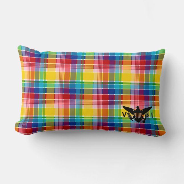 Almofada Lombar Bandeira das Ilhas Virgens dos EUA (Negra), Madras (Frente)