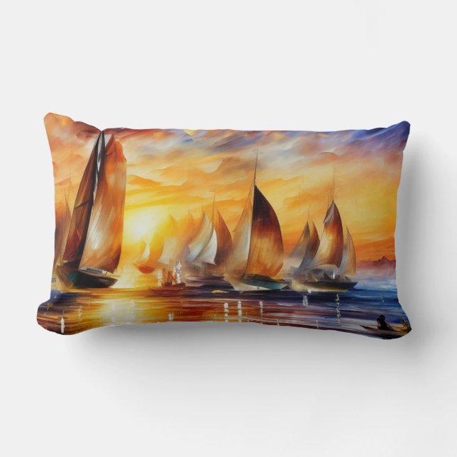 Almofada Lombar Barcos à vela correm abstrato sol azul moderno (Frente)