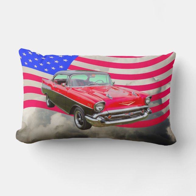 Almofada Lombar Bel Air 1957 de Chevrolet e bandeira americana (Frente)
