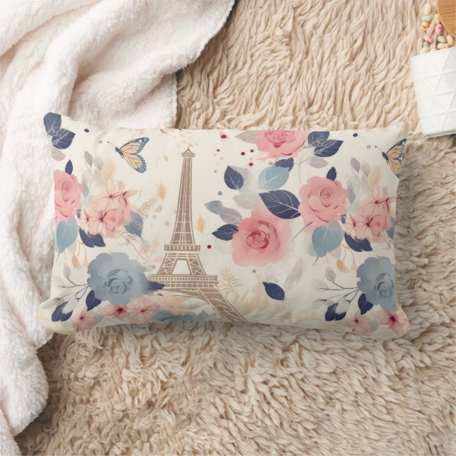 Almofada Lombar Belos Flores e Torre Eiffel Paris (Cobertor)
