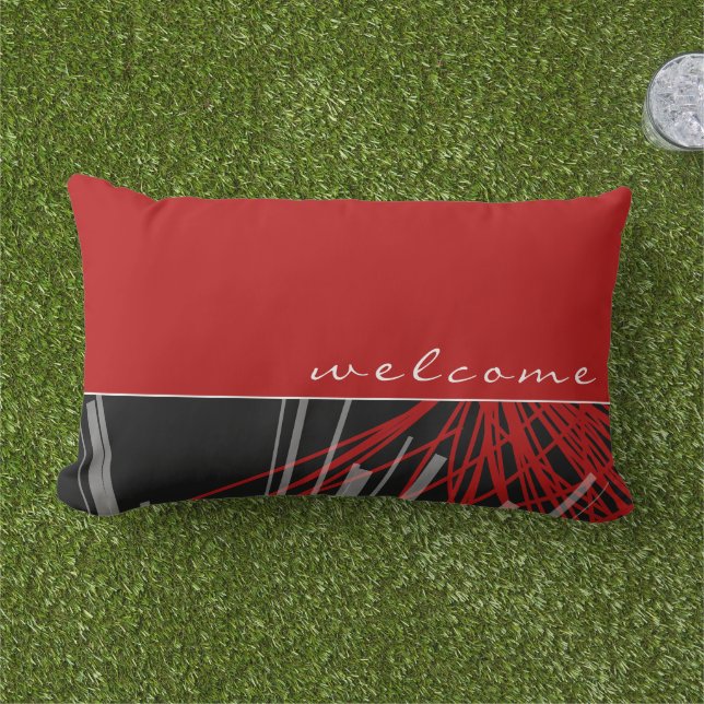 Almofada Lombar Bem-vindo | Fitas de Abstrato Vermelhas Pretas e B (Grama)