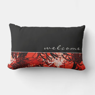 Almofada Lombar Bem-vindo Floral Abstrato preto branco e vermelho