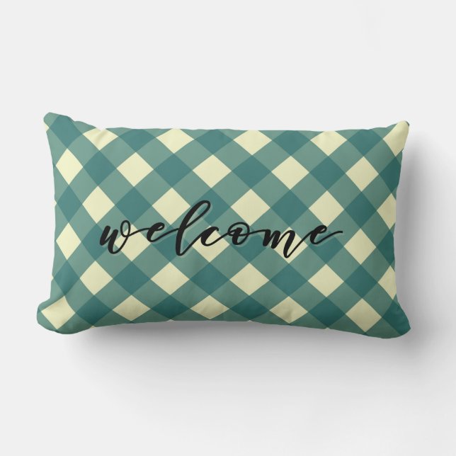 ALMOFADA LOMBAR BEM-VINDO - TEAL GINGHAM (Frente)