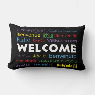 Almofada Lombar Bem-vindos em muitos idiomas coloridos em preto
