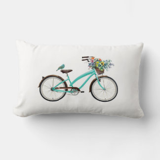 Almofada Lombar Bicicleta Com Cesto de Pássaro e Flores Azul Turqu