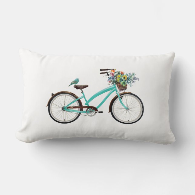 Almofada Lombar Bicicleta Com Cesto de Pássaro e Flores Azul Turqu (Frente)