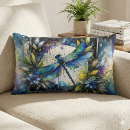 Almofada Lombar Blue Dragonfly Watercolor Botanical