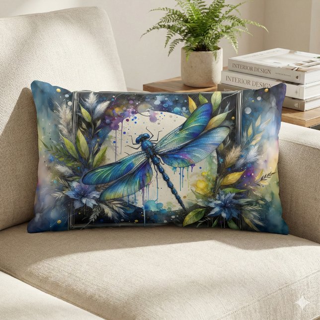 Almofada Lombar Blue Dragonfly Watercolor Botanical (Blue Dragonfly Watercolor Botanical Lumbar Pillow Mockup A)