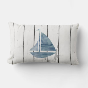 Almofada Lombar Blue Sailboat Náutico Shiplap Rustic Beach Decor