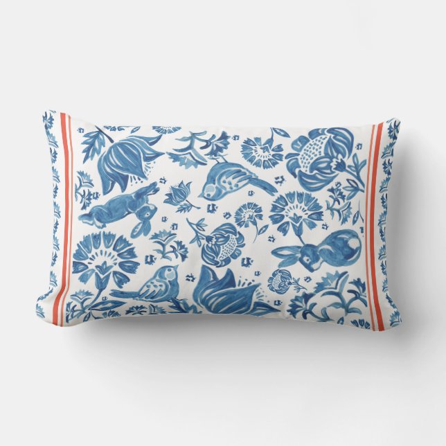 Almofada Lombar Blue White Corbit Bird Floral Country Francês (Frente)