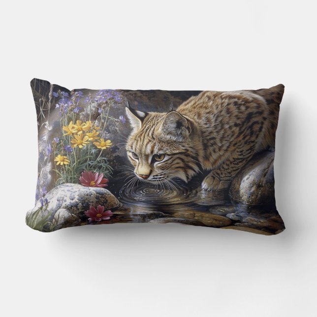Almofada Lombar Bobcat com flores silvestres Arte cônica (Frente)
